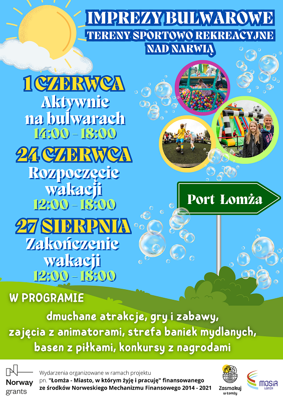 plakat zachęcający do udziały w wydarzeniach organizowanych na bulwarach w Łomży